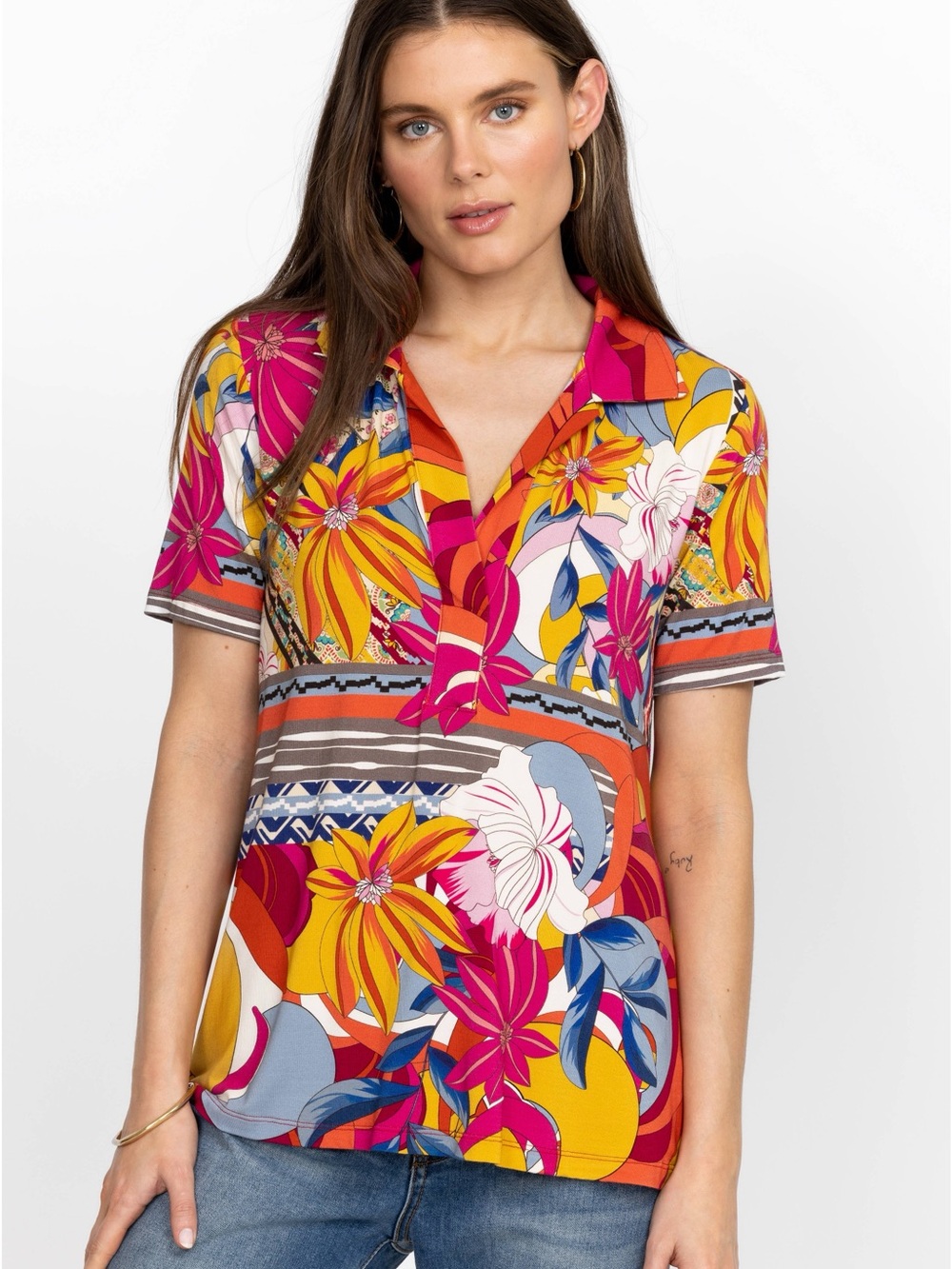 Johnny Was Rachel May Multicolor Floral Short Sleeve Swing Polo